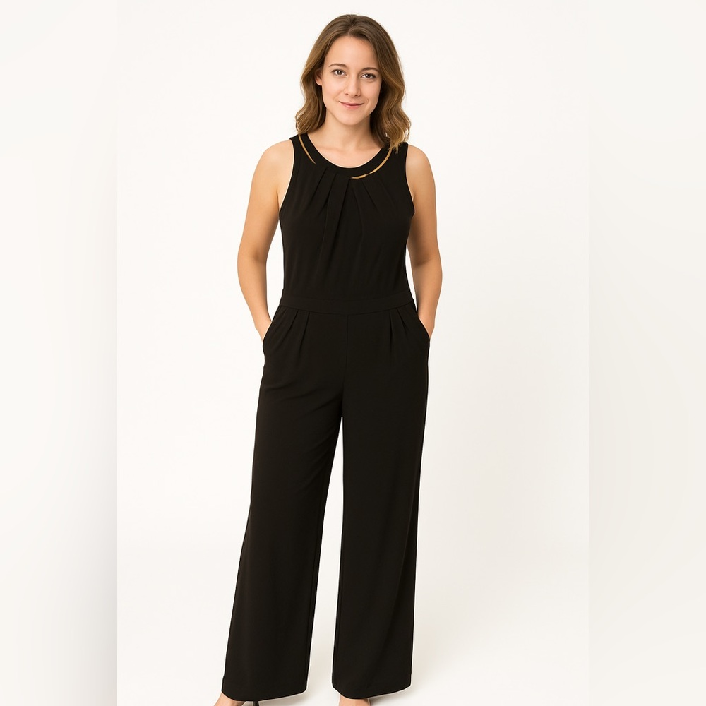 Roz & Ali Navy Blue Gold Metallic Trim Sleeveless Wide-Leg Jumpsuit Size 18W New